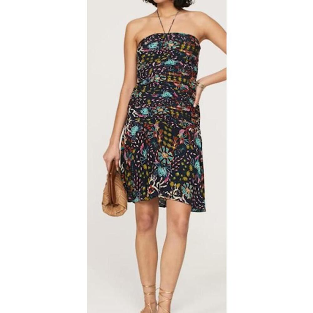 Maria Cher Floral Ruched Strapless/Halter Dress 100% Silk Size Small